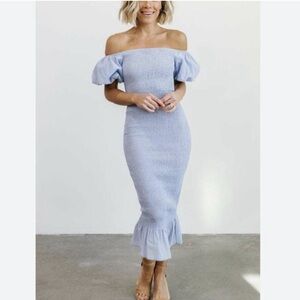 Alana Smocked Baltic Born Midi Puff Sleeve off the Shoulder dress!